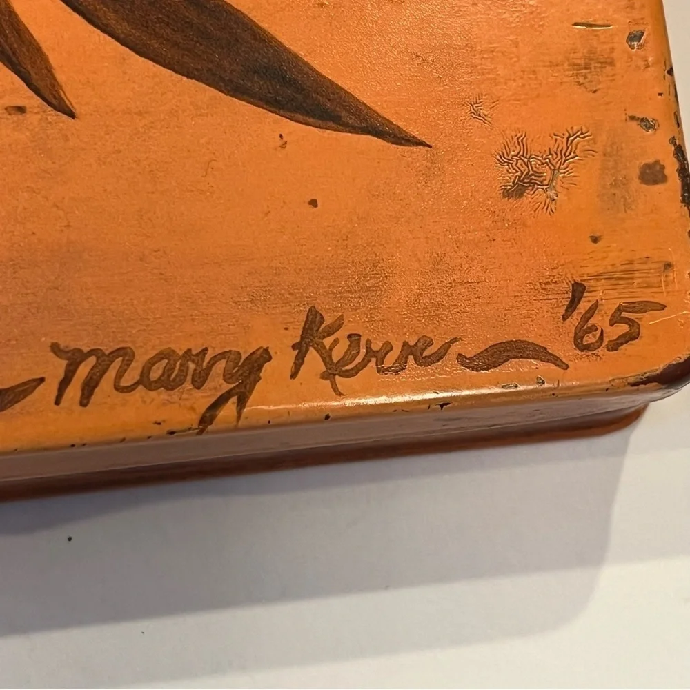 Vintage Trinket Box Hinged Lid Hand Painted Bird Signed 1965 Peach Yellow Green